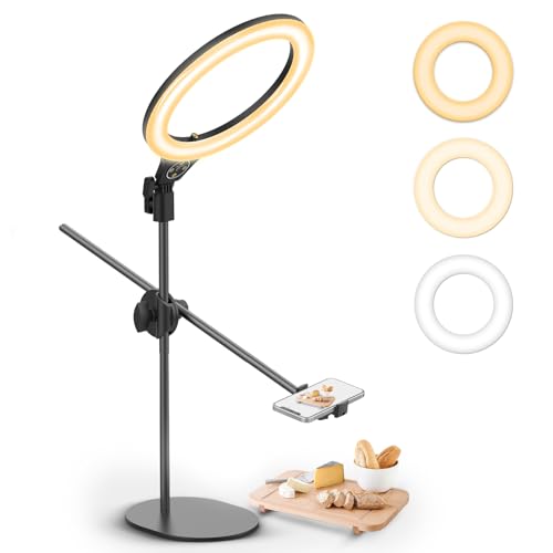 [Upgraded Base] Ring Light Desk with Horizontal Boom Arm, 10" Ring Light with Phone Tripod Stand, 3500k-6500K Dimmable, Ring Light with Phone Holder for Video Recording, Live Stream, Portrait, Makeup