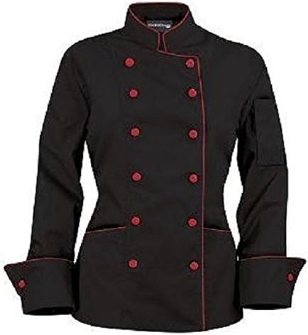 Long Sleeves Women's Ladies Chef's Coat Black with contrast button Jacket (XL (For Bust 42-44), Black with Red Button)
