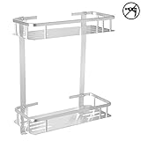 No Drilling Wall Mounted Bathroom Shelf Organizer, TIANG 2 Tiers Aluminum Adhesive Shower Corner Storage Shelf with 2 Hooks, Rectangle Space Saver Easy Install Caddy Shelf