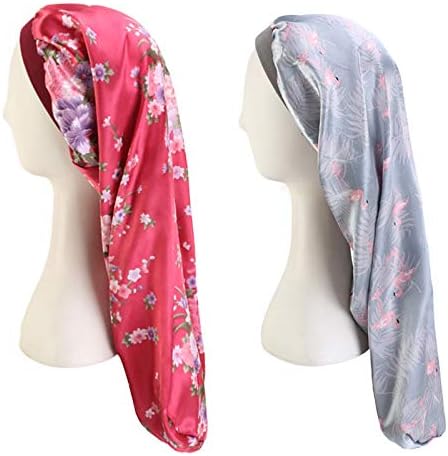 GATTORO 2 Pack Extra Large Satin Bonnet Night Cap Soft Sleeping Cap Head Cover Night Turbans Hair Loss Hat for Women (Flower/Flamingo)