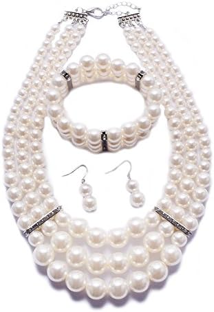 Yuhuan Women's Simulated Pearl Jewelry Sets Multilayer Faux Pearl Necklace Earrings Bracelet (Ivory)