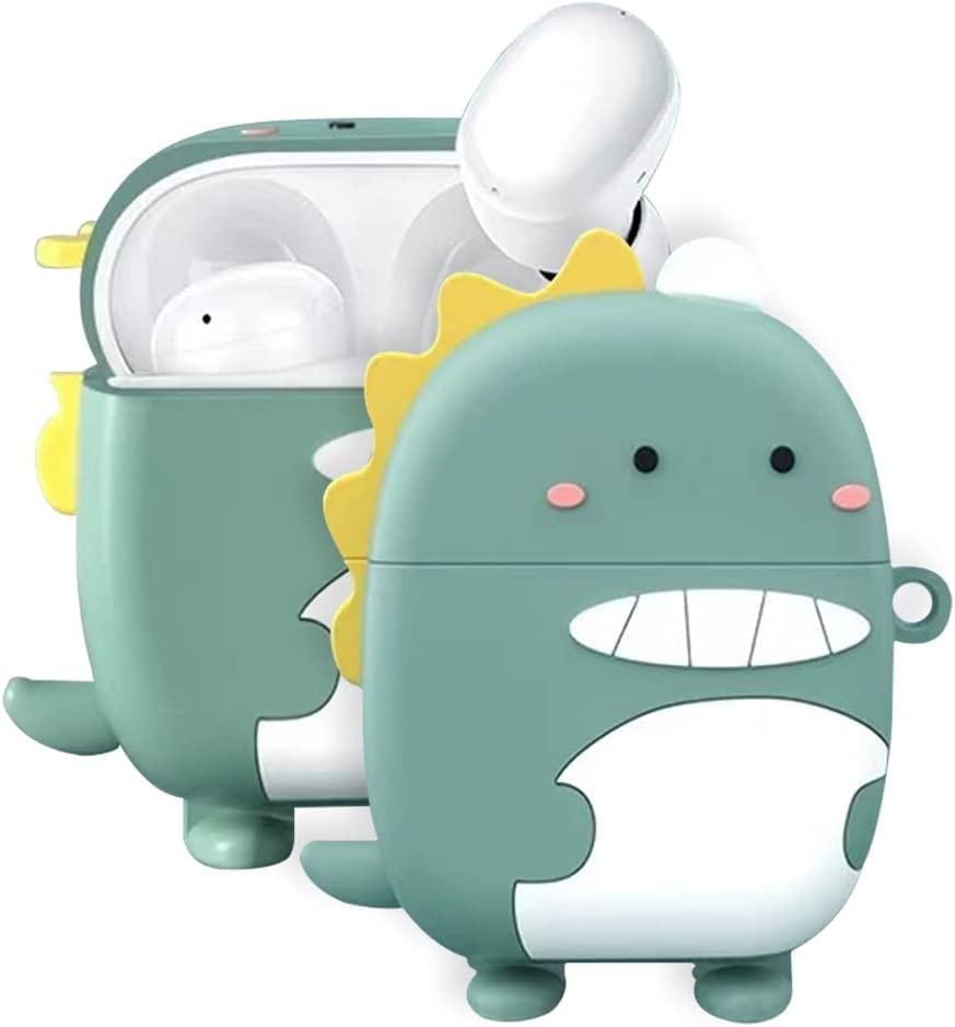 Msiall Silicone Compatible with Redmi Buds 4, [Support Wireless Charging] [Shockproof Protective Case] [Case [Carabiner] Cute 3D Cartoon Green Dinosaur