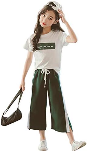 Getupp 子供服 女の子 韓国風 可愛い 洋服 二点セット 上下セット Tシャツ 英文字 半袖 七分丈 パンツ ズボン ガールズ 女児洋服 カジュアル 涼しい 着回し 春着 夏物 普段着 ルームウェアー 通学 春 夏 おしゃれ 110 160