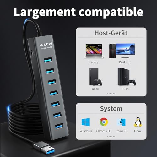 7 Port USB 3.0 Hub – Aluminium USB Hub with 120 cm Cable for Desktop, USB Multiport Adapter with USB 3.0 5Gbps, 5V 3A Type-C for PC, Laptop, MacBook, MacBook, Mouse, Keyboard, U Disk etc.