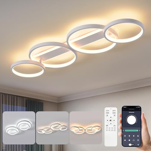 Led Deckenlampe,Dimmbar Deckenleuchte Mit Fernbedienung App,Einstellbar Ringform Wohnzimmerlampe 4 Flammig Kronleuchter Lampe,48W 3000-6500K Deckenbeleuchtung Für Schlafzimmer Wohnzimmer,Weiß 86Cm