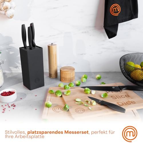 Messerblock mit Messer, Messerset mit Block, Scharfe Messer Set mit Küchenmesser, Kochmesser, Brotmesser, Schälmesser & Allzweckmesser, Edelstahlklingen, Softgriff, 6-teilig, Schwarz