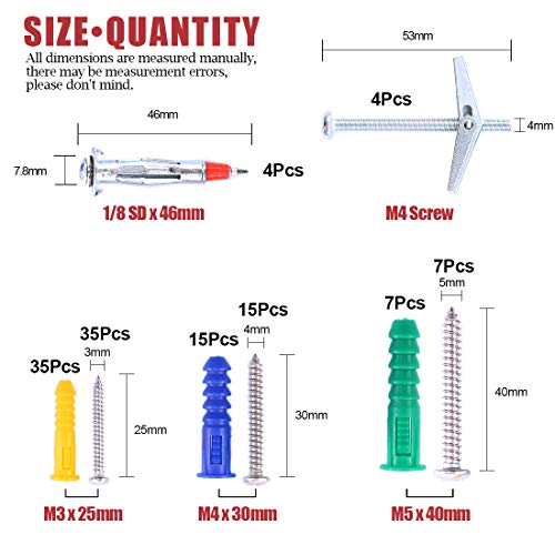 Hilitchi 122 Piece Plastic Self Drilling Drywall HollowWall Anchor