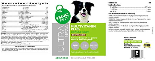 GNC Pets Ultra Mega Multivitamin Plus Chewable Tablets Supplement for Dogs, 300 Count - Beef Flavor | Advanced Support for General Health & Immune System (FF13766)