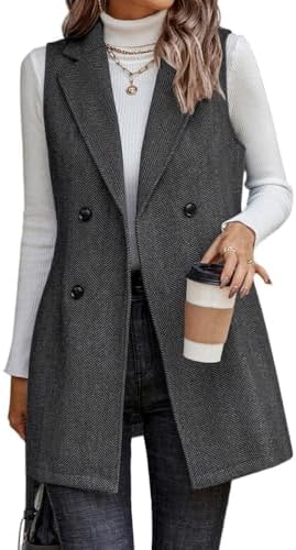 Ameri　HERRINGBONE LONG JACKET VEST Women's Long Vest Herringbone Pattern Lapel Double Breasted