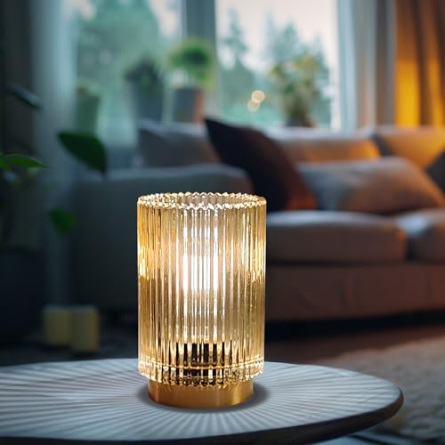 MEKOTRIN Cordless Rechargeable Table Lamp – Romantic Glass Night Lamp for Bedroom, Living Room, Cafe, Bistro, Restaurant (Amber)
