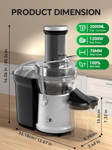 Juicer Machines, Centrifugal Juicers Extractor Max Power 1200W with 75mm Feed Chute for Whole Fruit and Vegetable, 2 Speeds Comtrol, High Juice Yield, 650ml Large Juice Jug, Cleaning Brush Included
