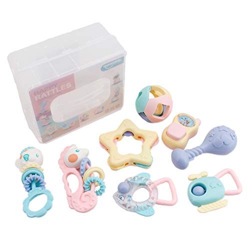 WISHTIME Rattles Teether Set Baby Toys - 8 Pcs Infant Shaker, Grab, Shaking Bell and Spin Rattle Musical Toy Set Early Education Toys Best Gifts for Newborn Infant Boys and Girls with Storage Box