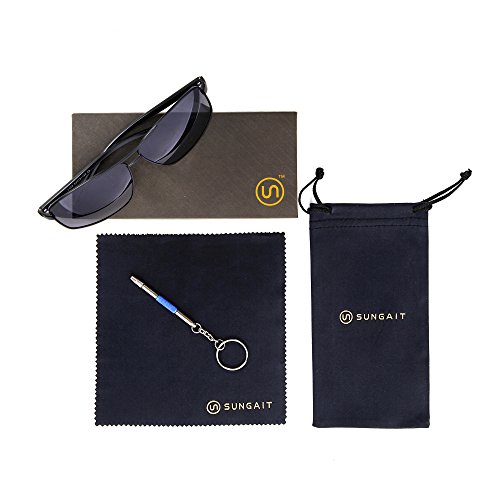 SUNGAIT Ultra Lightweight Rectangular Polarized Sunglasses 100% UV protection (Black Frame Gray Lens, 62) Metal Frame 2458 HKH