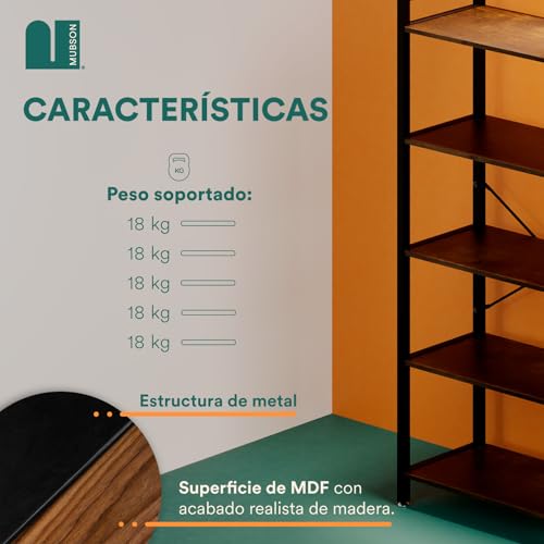 MUBSON Librero con Diseño Industrial con 5 Repisas para Estudio, Sala o Recamara de Madera MDF. Estante Alto de 160 cm para Decoración. Librero para Niños. Bookshelf. Bookshelves Wood (Café)