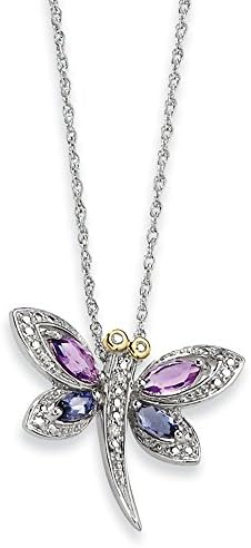 Sterling Silver &amp; 14K Amethyst and Iolite and Diamond Dragonfly Necklace - 17 Inches Long