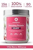 Amazing Grass GLOW Vegan Protein Powder: Organic Plant Based Collagen Support Protein Powder with Biotin Supplements, Wild Berry Hibiscus Flavor, 15 Servings (Packaging May Vary)