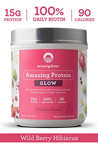 Amazing Grass GLOW Vegan Protein Powder: Organic Plant Based Collagen Support Protein Powder with Biotin Supplements, Wild Berry Hibiscus Flavor, 15 Servings (Packaging May Vary)