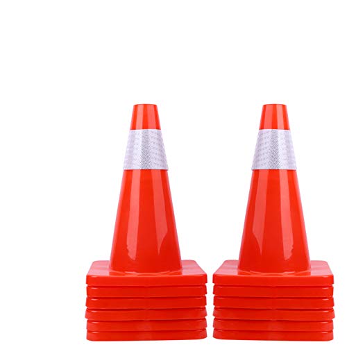 Photo 1 of [ 12 Pack ] 18" Traffic Cones PVC Safety Road Parking Cones Weighted Hazard Cones Construction Cones for Traffic Fluorescent Orange w/4" Reflective Strips Collar