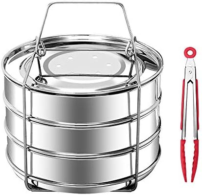 KINDEN Pressure Cooker Accessories Stackable Stainless Steel 3 Tier Insert Pans Pot for 5,6,8QT with Food Tong