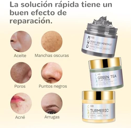 ANAiRUi Mascarillas Faciales de Cúrcuma + Mascarilla Arcilla Té Verde + Mascarilla de barro del Mar Muerto - Para limpieza facial profunda, hidratante e purificante, desintoxicante, 210g