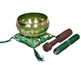Tibetan Singing Bowl Set By Dharma Store - With Traditional Design Tibetan Buddhist Prayer Flag - Handmade in Nepal (Green)