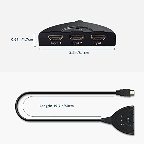 Yantop 3-Port HDMI Switch Splitter with Micro USB Charging Cord and Pigtail Cable, Support 3D & Full HD 1080P, 3 Input 1 Output HDMI Hub Extender Adapter, for Apple TV(with HDMI Port) PS3 PS4 TV Box