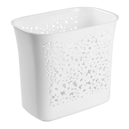 mDesign Decorative Slim Rectangular Floral Small Trash Can Wastebasket, Garbage Container Bin for Bathroom, Powder Room, Bedroom, Kitchen, Kids Rooms, Craft Room, Office - Floral Design, White