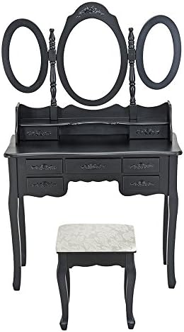 Boutiqhome Panana Monaco Black Dressing Table Set, Shabby Chic Make Up Desk with Stool and 3 Oval Mirrors and 7 Storage Drawers