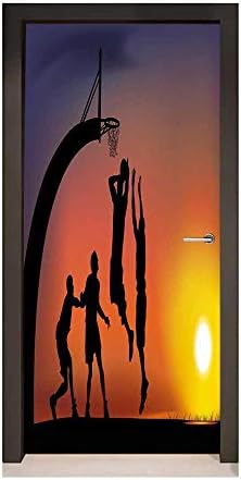 Teen Room Decor 3D Door Wallpaper Boys Playing Basketball at Sunset Horizon Sky Dramatic Scene Door Creative Decoration Dark Coral Black Yellow,W31xH79