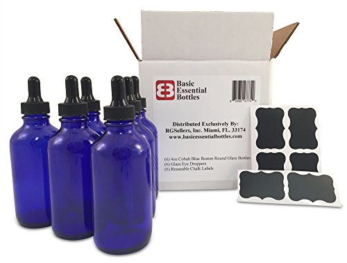(6) 4 oz Empty Cobalt Blue Glass Bottles W/Glass Eye Droppers and (6) Chalk Labels for Essential Oils, Aromatherapy