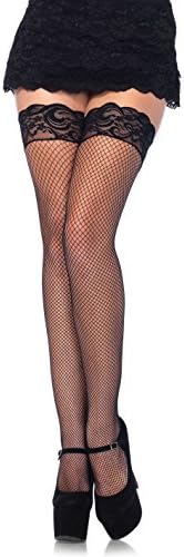 Leg Avenue Women's Fishnet Thigh High Stockings with Back Seam and Silicone Lace Top