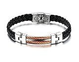 Mens Black Weave Leather Bracelet,Copper Cable Inlay,Bangle,Stainless Steel Buckle