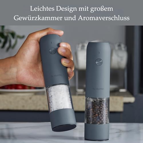 TLYSXPRO Greige Electric Salt and Pepper Mill, Set of 2, USB Rechargeable, Adjustable Coarseness Spice Mill, Pepper Mill Electric with LED Light, Cleaning Brush, Kitchen Appliances