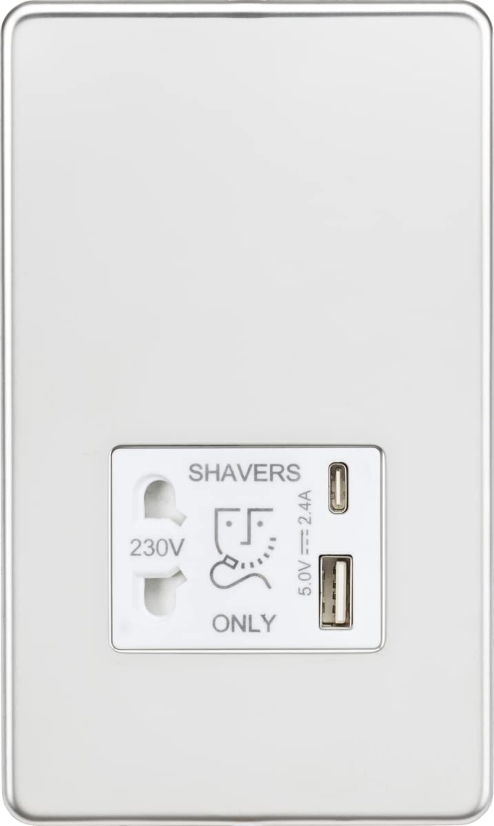 Knightsbridge Screwless Shaver Socket with Dual USB A+C (5V DC 2.4A Shared) - Polished Chrome with White Insert — image 1