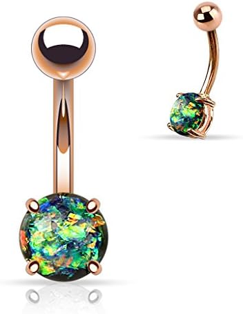 TrybeLife Rose Gold Navel Ring with Prong-set Simulated Opal. (Dark Green)