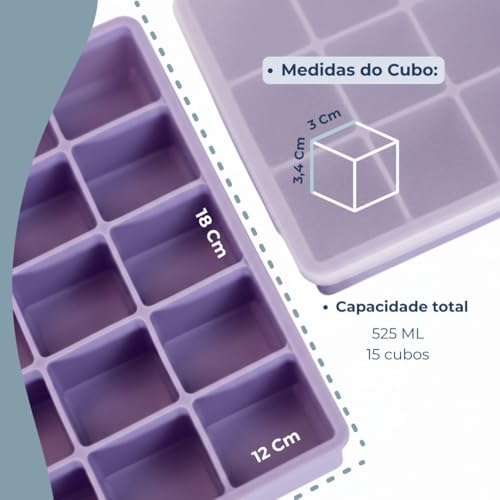 SYMEON Forma de Gelo Silicone Com Tampa Livre de BPA Flexivel 15 Cubos de 27ml Cada Prática Resistente e Reutilizável Forma Para Papinha Gelatina Frutas (LILAS)