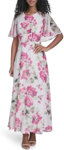 calvin klein flutter sleeve a line dress Calvin Klein Floral Print Crinkle Chiffon Round Neck Short Flutter Sleeve Dress, Womens, 10, Rose Multi