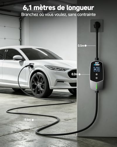 EVDANCE Electric Car Charger 3.68kW, 6.1m Electric Car Charging Cable, 6-16A Adjustable Current, 0-12h Programmable Delayed Load, IP66 Portable Type 2 Cable for EV IEC 62196-2, Silver