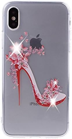 GreatQIQI iPhone X Case, Soft Flexible TPU Silicone Rubber Gel Utral Slim Clear Protective Cover Case with Bling Glitter Crystal Rhinestones Diamond for iPhone X 10 5.8 inch (High Heel Shoes)