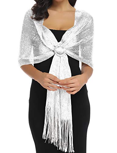 Rheane Shawls and Wraps for Evening Dresses Shawls and Wraps for Weddings White Shawls and Wraps for Evening Dresses Fall (White with Silver Glitter) - Thumbnail 7