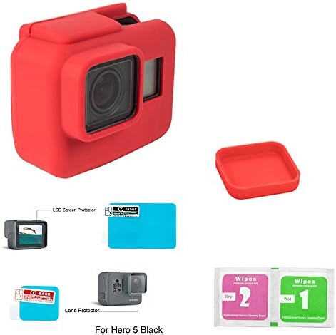 Gopro Hero 5 Protective Silicone Case + Lens Cover+LCD Protector + Cleaning Wipes 4 Items (Gopro Case Red)