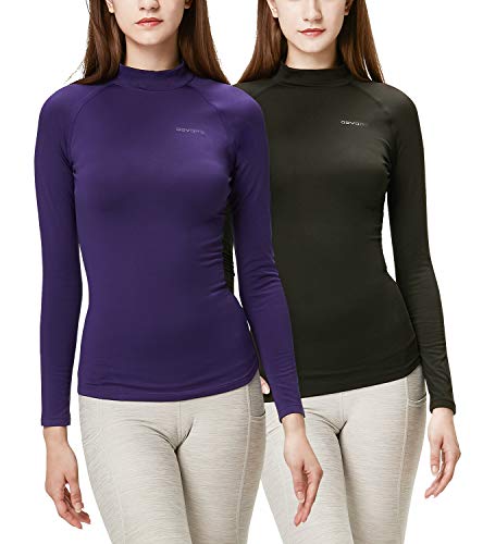 DEVOPS Women's 2 Pack Thermal Heat-Chain Compression Baselayer Tops Mock Turtleneck Long Sleeve T-Shirts (Medium, Black/Purple)