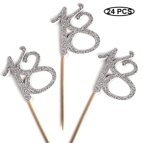 24 PCS 18th Cupcake Toppers - Anniversary or Birthday Cupcake Picks Party Decoration | Silver 18th