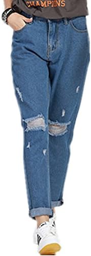 Women's Loose Broken Holes Street Harlan Style Knee Ripped Jeans Dark Blue 2XL
