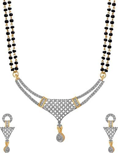 Quail Black White Non-Precious Metal Designer Gold Plated American Diamond Mangalsutra Set for Women with Earrings