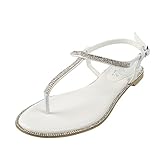 SheSole Womens Pu Leather T-strap Flat Sandals Rhinestone Beach Wedding Evening Dress Shoes