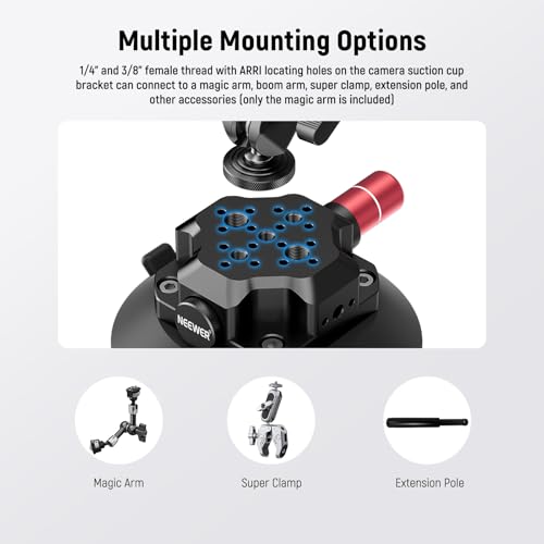 NEEWER 4.5"" Suction Cup Camera Mount with Ball Head Magic Arm, 1/4"" 3/8"" ARRI Holes, Quick Release Car Mount with Holder & Action Cam Adapter Compatible with DJI Insta360, CA105