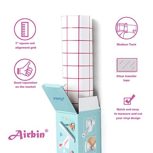 Airbin Vinyl Transfer Paper Tape Roll, Medium Tack 12 Inch x 50 Feet/Clear with 1" Square Red Alignment Grid and Free Gift-Squeegee/Perfect for Silhouette Cameo, Cricut Adhesive Vinyl for Decals