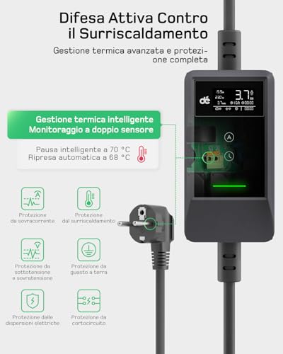 dé 3.7 kW 10 m 6-16 A, Portable Electric Car Charger Type 2 Schuko with LCD, Electric Car Charging Cable, Charging Column for Model 3/Y, 500e, e-208, Other EV/PHEV