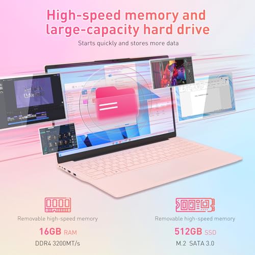 Auusda 16GB RAM 512GB SSD Laptop, Compatible with Win11, 15.6" Full HD IPS, Backlit Keyboard & Fingerprint Login, Full-Function USB C, 6000mAh, Lightweight Design for School & Work (Pink)